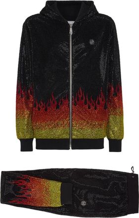 Philipp Plein Jogging Trainingspak: Hoodie/Broek Met Kristallen Vlam - Heren - Jumpsuits - Zwart - M - Katoen - Jumpsuits & Playsuits