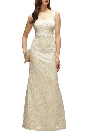 The Dessy Group Bettina Metallic Brocade Trumpet Gown in Champagne Filigree at Nordstrom, Size 12