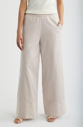 Bernardo Directional Pinstripe Wide Leg Cotton Blend Pants in Almond Buff/Bright White at Nordstrom, Size X-Large
