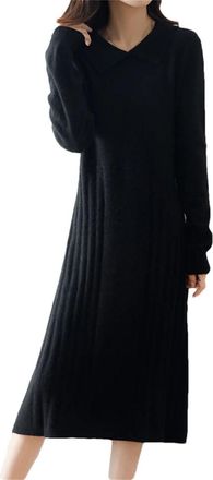Generic Women Winter Wool Sweater Long Pullover Elegant Knit A-LINE Dress Women Polo Collar Loose Warm Casual Chic Dress Black XXL