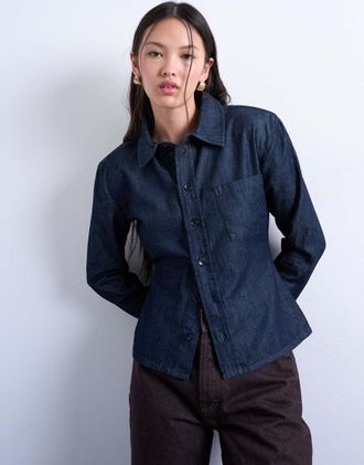 Topshop Camicia in denim blu indaco con spalline pronunciate imbottite