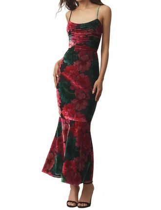 Hutch Tylia Ruched Floral Velvet Maxi Dress In Red