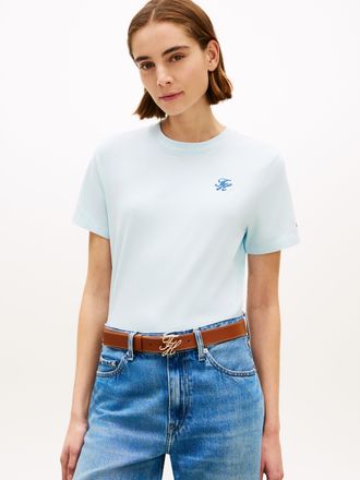 Tommy Hilfiger Kurzarmshirt TOMMY HILFIGER TH SCRIPT REG C-NK SS TEE, Damen, Gr. S (36/38), keepsake blau, Single Jersey, Obermaterial: 95% Baumwolle, 5% Elasthan, u