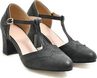 Generic Womens Chunky Heel Brogue Pumps with T-Strap for Office, Party and Formal Events,Black,5.5 UK