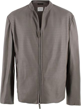 Armani Collezioni Grey Pleated Leather Jacket Size XXL