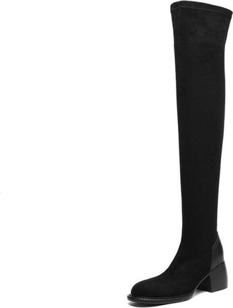 Generic Womens Elegant Over-The-Knee Boots, Fashionable Stretch Tall Boots with Block Heel And Round Toe Comfortable Slip-On Shoes Plus Size Casual Riding Boo