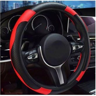 OEM Funda De Volante De Cuero De Microfibra, Negra Y Roja, Funda Transpirable De Pu Para Volante De Coche Con Funda Para Freno De Mano Y Palanca De Cambio