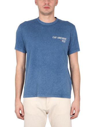 Fay Crewneck Logo-Print Cotton T-Shirt - Blue