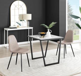 Furniturebox Carson White Marble Effect Square Dining Table & 2 Faux Leather Corona Black Leg Chairs in Beige