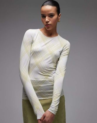 & Other Stories Top slim a maniche lunghe beige a quadri con scollo rotondo-Neutro