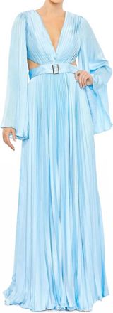 Mac Duggal Cutout Lace-Up Back Pleated Satin Gown In Ice Blue