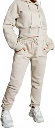 Femme Luxe Long Sleeve Cropped Fleece Hoodie And Cuffed Joggers Set In Stone