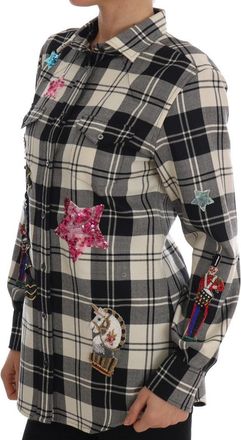 Dolce & Gabbana Womens Embellished Wool Check Blouse Black