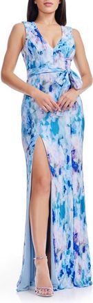 Dress The Population Sandra Plissé Sleeveless Gown in Pale Blue Multi at Nordstrom, Size Xx-Large