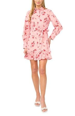 CeCe by Cynthia Steffe Ruffle Floral Print Tie Waist Shirtdress in Coral Bloom at Nordstrom, Size 14