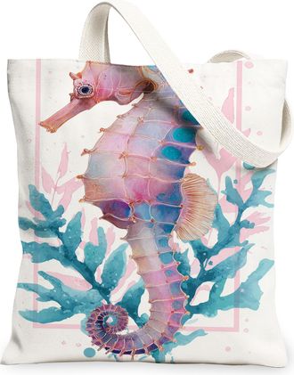 Generic Seahorses Canvas Tote Bags, Ocean Life Pattern Reusable Bags, Summer Chic Lightweight Washable Shoulder Strap Canvas for Tr, Peach, 13x15 Inch