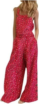 Peach Love California Betty Bibs Floral Linen Light Weight Overalls In Red