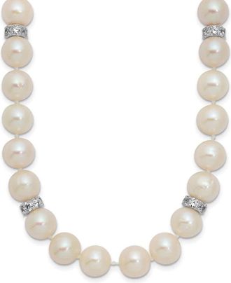 Diamond2Deal Sterling Silver 9mm Near-Round Cultured Pearl and Cubic Zirconia Necklace 18