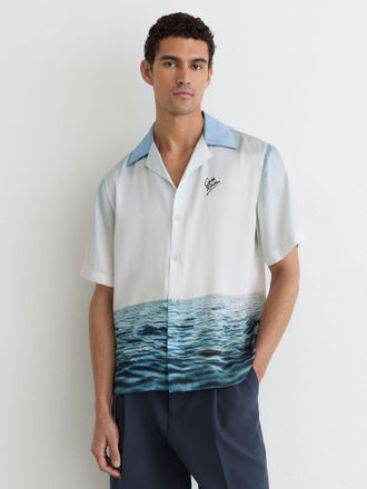 Reiss Soft Blue-print Cuban-collar Shirt, Xxl