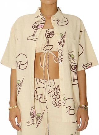 Veda Cocktail Hour Button Up Top In Beige