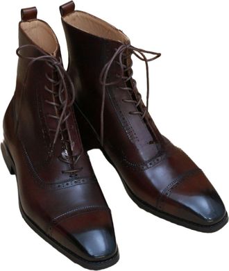 Generic Mens Square Pointy Toe Brogue Boots Block Heel Casual Short Boots Lace Up Office Dress Shoes,Brown,8.5 UK