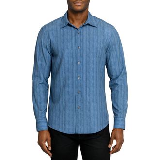 W.R.K Slim Fit Indigo Abstract Stripe Performance Button-Up Shirt at Nordstrom, Size X-Large