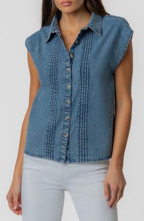 Kut from the Kloth Penelope Pintuck Cap Sleeve Denim Shirt in Beaming at Nordstrom, Size Small