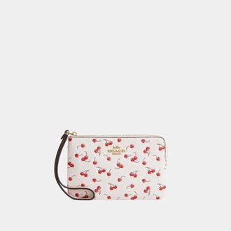 Coach Womens Corner Zip Wristlet With Cherry Print - White Leather - One Size