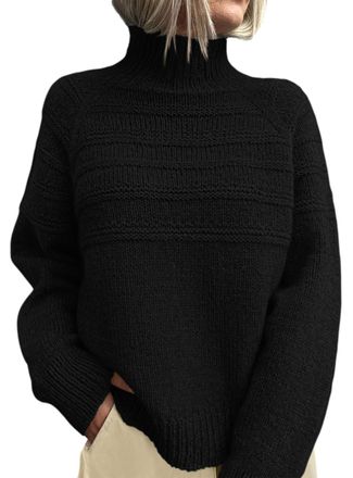 PrettyGarden Womens Turtleneck Sweaters 2025 Fall Chunky Knit Pullover Long Sleeve Jumper Tops Trendy Winter Clothes, Black, L