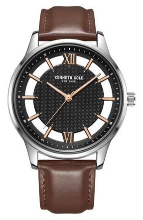 Kenneth Cole Quartz Leather Strap Watch, 45mm in Black/Brown at Nordstrom Rack