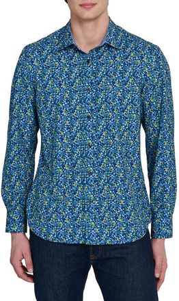 ConStruct Slim Fit Budding Floral Performance Long Sleeve Shirt in Navy/yellow at Nordstrom, Size Xx-Large