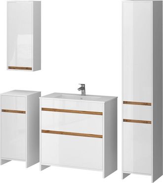 Vicco Conjunto De Muebles De Ba&ntilde;o Detmold, Blanco Brillo Intenso/roble Dorado, Juego De 5, Vicco
