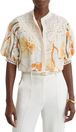 Reiss Louisa Cutwork Overlay Floral Button-Up Shirt in Ivory/Pink at Nordstrom, Size 12 Us
