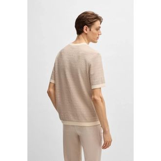 HUGO BOSS T-shirt van jacquard-gebreide stof met relaxed-fit - Heren - Ronde hals truien - Beige - XL - Katoen - Truien & Vesten