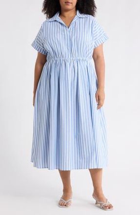 Renee C Stripe Short Sleeve Cotton & Linen Midi Dress in Chambray at Nordstrom Rack, Size 1X