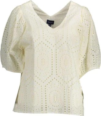 GANT T-shirt met korte mouwen en V-hals - Dames - Blouses - Wit - S - Katoen - Overhemden