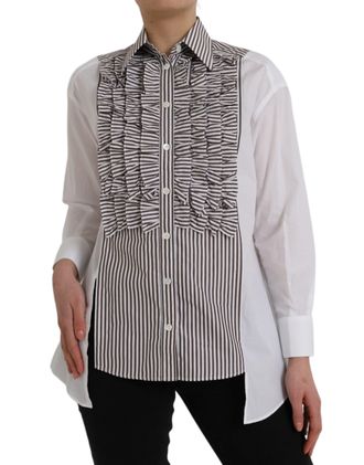 Dolce & Gabbana Womens White Stripes Cotton Long Sleeves Ruffle Collar Top