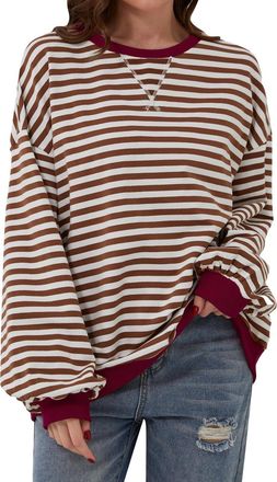 Generic Striped Top Womens Oversize Striped Sweatshirts & T-Shirt, Cotton Crew Neck Sweatshirt Long Sleeve Casual Loose Pullover Y2K Shirt Tops, red, M