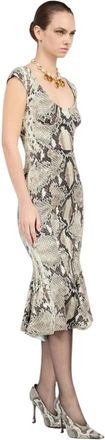 Roberto Cavalli Kleedjes, Dames, Bruin, S, Leer, Midi Jurk Met Python Print