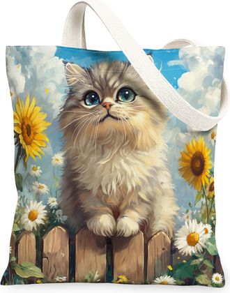 Generic Spring Persian Cat Canvas Tote Bag for Shopping 13x15, Sunflower Fence Kitten Reusable Grocery Print Bag for Women, Farmhouse Pet Beach Aesthetic Pain