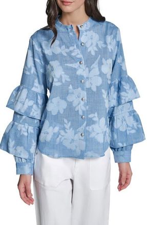 Karl Lagerfeld Floral Ruffle Denim Top in Medium Wash at Nordstrom, Size X-Large