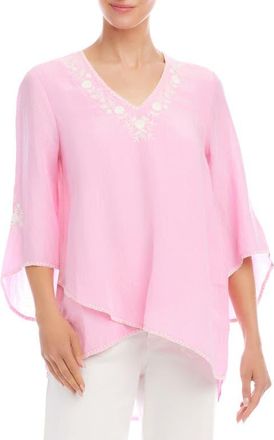 Karen Kane Embroidered Asymmetric Hem Linen Blend Top in Pink at Nordstrom, Size X-Small