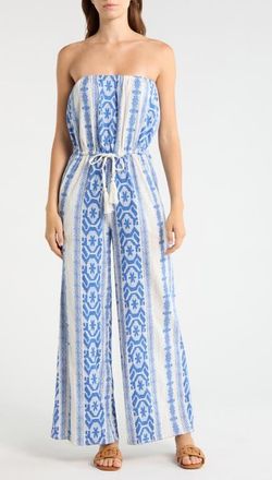 Elan Embroidered Strapless Cover-Up Jumpsuit in Natural Blue at Nordstrom, Size X-Small