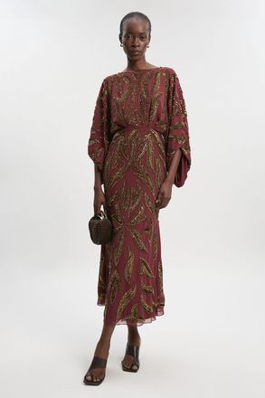 Karen Millen Womens Kimono Sleeve Embellished Maxi Dress - Rust - Size 12 UK