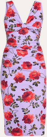 Carolina Herrera Rose-Print Gathered Silk Sleeveless Dress