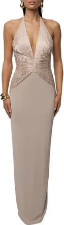 JLUXLABEL Enchanted Plunge Neck Mixed Media Gown in Ivory at Nordstrom, Size X-Large