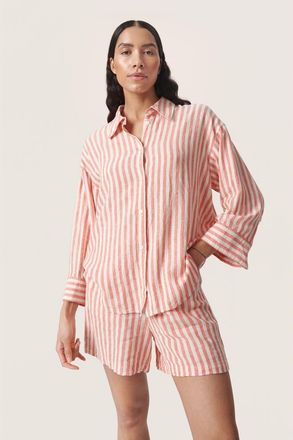 Soaked In Luxury Belira Casual Fit Shirt in Hot Coral Stripes at Nordstrom, Size Xx-Large