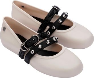 Melissa Stud Mary Jane Soft Ballerina Flat in Beige/black at Nordstrom, Size 10