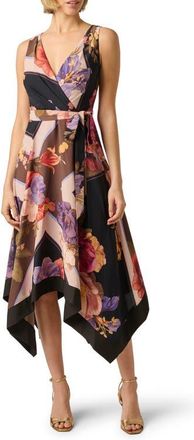 Adrianna Papell Print Handkerchief Midi Dress in Black Multi at Nordstrom, Size 18