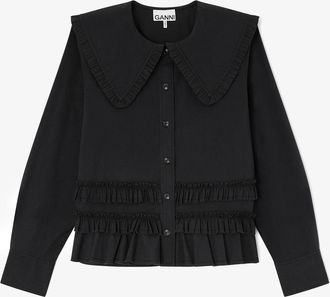 Ganni Black Stretch Cotton Ruffle Shirt - Size 10/12 Organic